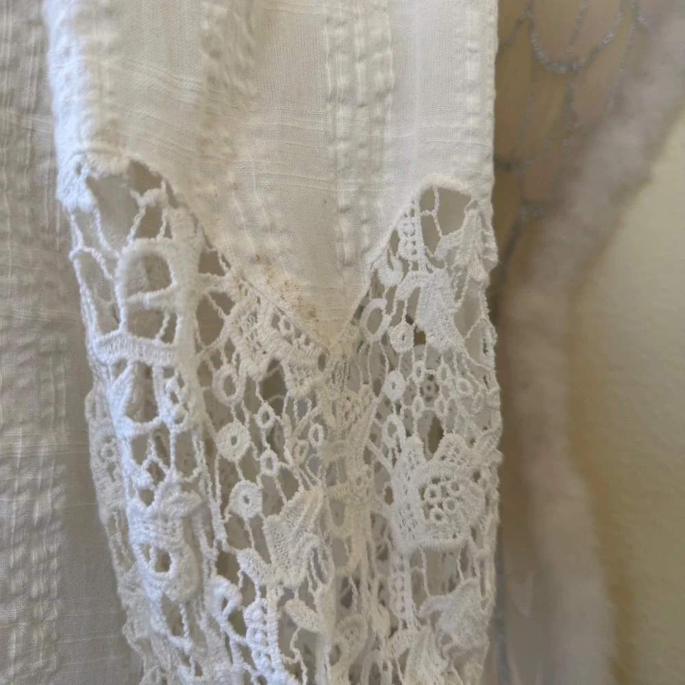 White Gauze Lace Dress Boho Peasant Square Neck Feminine Mori Girl Cottagecore‎